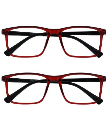 OPULIZE Ink Reading Glasses 2 Pack Large Rectangular Frame Dark Red Black Arm Spring Hinges Scratch Resistant Mens Womens RR4-Z +1.50