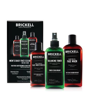 Brickell Men's Daily Face Cleanse Routine for Oily Skin Alcohol Free Toner Gel Facial Wash and Moisturizer Natural and Organic Unscented