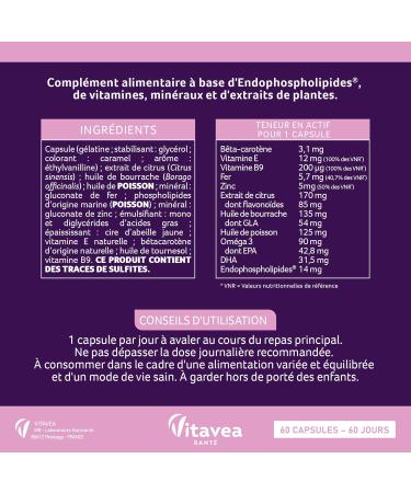 Vitavea Manha Menopause Dietary Supplement without Hormones - Folic Acid Omega 3 Zinc and Iron - 60 Capsules - Purple - 2 Months - Made in France - Buy Online on GoSupps.com