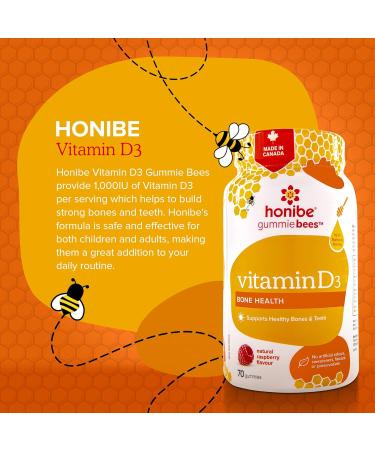 Honibe Vitamin D Gummies for Kids and Adults | Honey-Based Vitamins Made in Canada & Kids Multivitamin Gummies Plus Immune Boost | Honey-Based Vitamins Made in Canada | 70 gummies - Buy Online on GoSupps.com