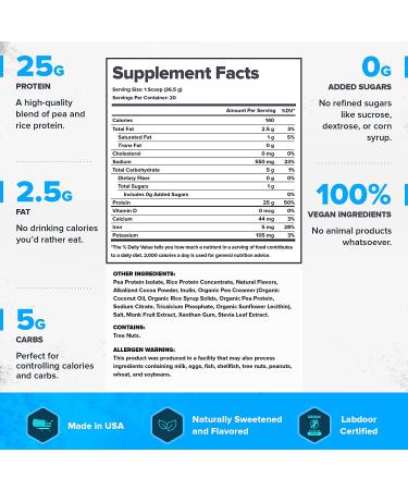 Legion Plant+ Chocolate Vegan Protein Powder - Rice and Pea Blend | Gluten & GMO Free, Naturally Sweetened | 20 Servings - 1.61 lbs - Buy Online on GoSupps.com