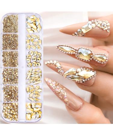 1130Pcs Champagne Gold Rhinestones for Nails Nail Art Crystal Flat Back Multi Sized Shapes Gold Diamond Gem Stone DIY Nail Jewelry Decoration for Women Girls (Champagne)