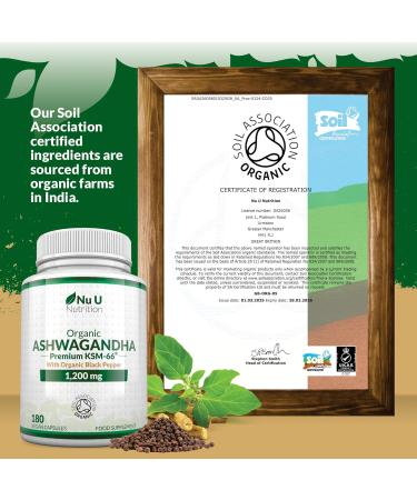 Organic Ashwagandha KSM-66 1200mg - 5% Withanolides - 180 Vegan Capsules not Tablets - High Strength Ashwaganda Enhanced with Black Pepper - Soil Association Certified - Nu U Nutrition - Buy Online on GoSupps.com