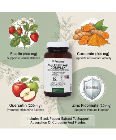PRISTINE'S Senolytic Anti Aging & Autophagy Aid Age Renewal Complex - Senescent Cell Removal Support - Fisetin Quercetin Curcumin Zinc - Gluten Free Non-GMO Vegan USA Made 1 - Buy Online on GoSupps.com