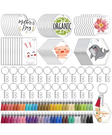 300 PCS Clear Acrylic Keychain Blanks  6 Shapes Wholesale Acrylic Blanks Leather Tassel Charms Key Chains Jump Rings for Vinyl Resin DIY Crafts Ornament Engrave (Round Heart Square Rectangle Bone)