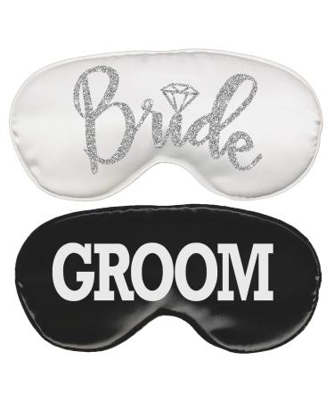 Bride & Groom Gifts Sleep Mask Set - Set of 2 Honeymoon Sleep Mask (1) Bride Silver Diamond White Mask & (1) Groom Black Mask - Wedding Gifts for Couples Mask(BRD Wht/Grm Blk) Set of 2 (1 White Bride Mask & 1 Black Groom 