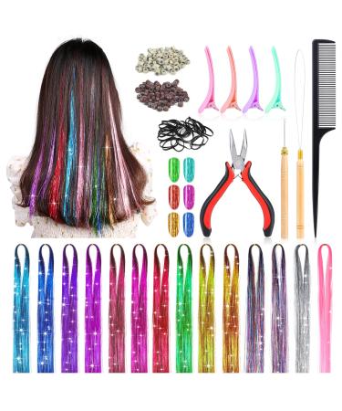 Mckanti 14 Colors Hair Tinsel Kit with Tool  47 inch 2800 Strands Tinsel Hair Extensions for Women Girls  Fairy Hair Tinsel Glitter Sparkling Shiny Colorful Synthetic Hair for Party Daily Life Fashion 14 Colors 2800 Stra...