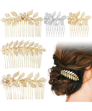 PAGOW 5pcs Leaf Hair Combs, Gold Rhinestone Pearl Hair Comb Clips, Hair Side Comb Clips, Faux Pearl Crystal Wedding Headpiece Hair Accessories For Women, Girls, Bride, Bridesmaid (5 Different Size) 5 Pieces