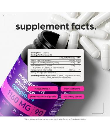 Magnesium Glycinate 1160mg + Aloe Vera D3 & K2 Complex 90 Capsules - High Absorption Non-Laxative - Supports Muscle Function & Healthy Metabolism Chelated Formula - Buy Online on GoSupps.com
