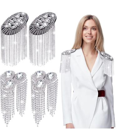 4 Pieces Rhinestone Tassel Shoulder Applique Crystal Fringe Shoulder Epaulette Shoulder Badge Decor for Women DIY Jacket Clothes Accessories, 2 Style (Silver)