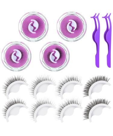 Reusable Self Adhesive Eyelashes No Glue or Eyeliner Needed Easy to Put On, Stable Non Slip Waterproof False Lashes with 2 Eyelash Tweezers Thoughtful Gift for Women Makeup, 4 Pairs (Fresh Style)