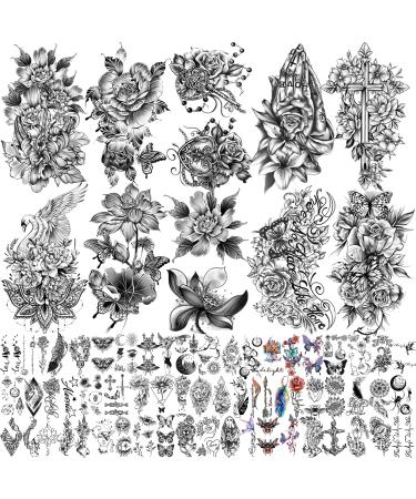 70 Sheets Temporary Tattoo for Women Girls and Men  Fake Tattoos Waterproof for Arm Neck Face Body Art Long Lasting  Black Flower Rose Temporary Tattoos Realistic for Adults Teens Kids Color 2