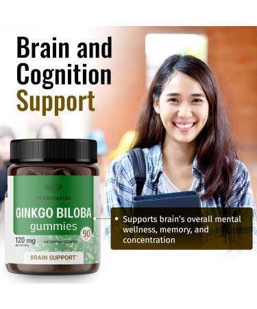 HERBAMAMA Ginkgo Biloba Organic Gummies - Brain Booster for Energy & Memory - 90 Vegan Gluten Free Chews - 120mg - Buy Online on GoSupps.com