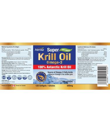 Herba Krill Oil Omega 3 Supplements - 120 Softgels | 1000mg of Antarctic Krill Oil Per Day (2 softgels 500mg each) | Source of Omega 3 Fatty Acids | High Astaxanthin | Premium Grade - 500mg Krill Oil per Soft Gel | 2 Months Supply - Buy Online on GoSupps.com