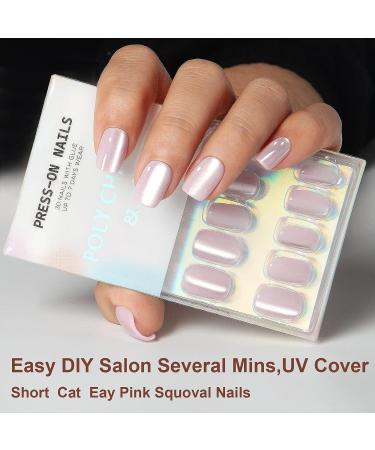 Cat Eye Pink Polychrome Press On Nails - Short Squoval Shape, ABS Natural Fit, Reusable with Jelly Glue - 30PCS in 15 Sizes for Woman and Girls - Buy Online on GoSupps.com