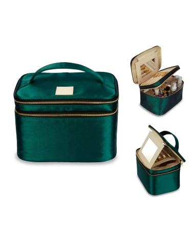 Eudora Double Layer Travel Makeup Bag, Green Nylon Satin Makeup Bag Organizer with Portable Mirror and Brushes holders, Large Cosmetics bag for Women (Green)