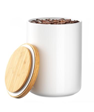 White Ceramic 1050mL 4 cup Food Storage Canister with Airtight Bamboo Lid and Silicone Seal Container for Counter - Great for Flour Coffee Sugar Treats for Dog Puppy Cat Kitten Rawhide Milkbone