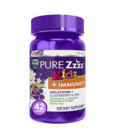 Pure Zzzs Kidz + Immunity by Vicks Melatonin Sleep Aid Gummies for Kids and Children Zinc for Immune Support Low Dose Melatonin Berry Flavored 42 Gummies