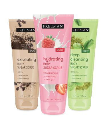 Freeman Sugar Body Scrub Set Strawberry Milk Green Tea and Coffee Body Scrubs Hydrating Exfoliating & Deep-Cleansing Skincare Removes Dirt Oil & Impurities Self-Tan Prep 3 Count