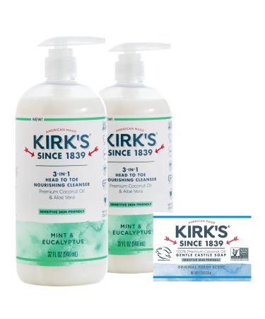 3 in 1 Castile Clean Mint Shampoo Body Wash Liquid Soap by Kirk’s + Travel Size Bar Soap (1.13 oz.) | Mint & Eucalyptus Scent | For Men, Women & Children | 32 Fl Oz. - 2 Pack 3 Piece Set