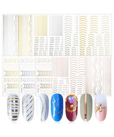 12 Sheets 3D Metallic Nail Stickers Gold Silver Curve Stripe Lines Nails Stickers Adhesive Striping Tape Nail Art for Women Girls Acrylic Nails Manicure DIY and Nail Salon