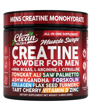 Clean Nutra Creatine Powder for Men + HMB BCAA L Arginine L Citrulline Tongkat Ali Saw Palmetto Ashwagandha Collagen Flax Seed Turmeric Preworkout Stevia Nitric Oxide L Glutamine Amino Acids