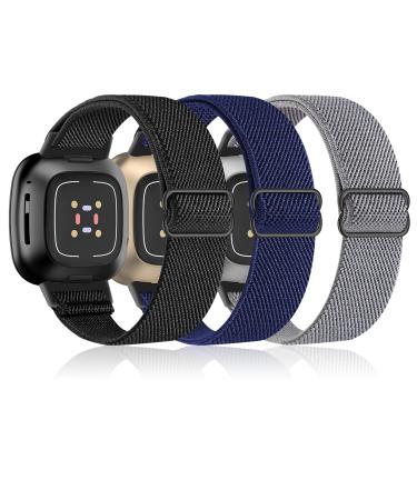 Tovimall Compatible with Fitbit Versa 4 Bands/Versa 3 Band/Fitbit Sense 2 Bands/Sense Band for Women Men, Elastic Nylon Stretchy Solo Loop Breathable Strap Adjustable for SmartWatch Accessories black/navy/deep gray