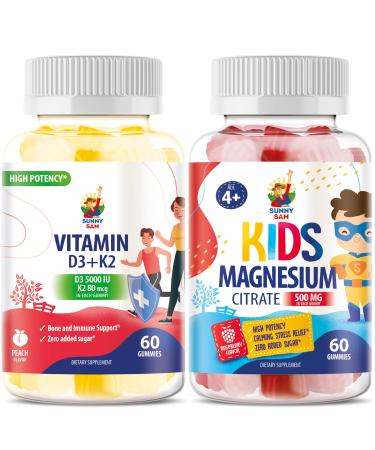 Magnesium Gummies for Kids & Vitamin D3 K2 Gummies 5000 IU - Immune & Bone Support - Sugar-Free Vitamin D Gummy Supplement - High-Absorption Vegan Gluten-Free Gummies for Adults