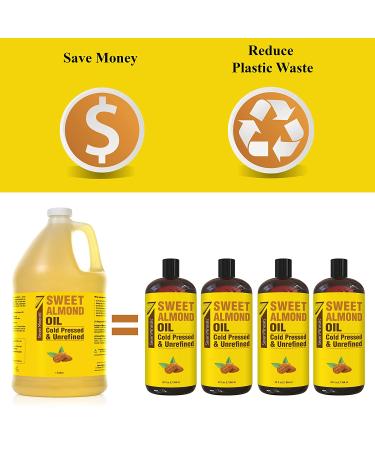 Organic Cold Pressed Sweet Almond Oil - 1 Gallon (128 Fl Oz) | Unrefined & 100% Natural | Ideal Carrier Oil for Essential Oils - Skin & Hair Benefits - Buy Online on GoSupps.com