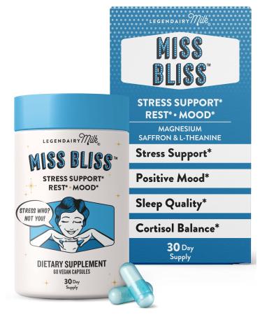 Legendairy Milk Miss Bliss Daily Stress Support Supplement with Saffron L-Theanine & Magnesium Helps Promote Calm Relaxation & Balanced Mood 60 Capsules