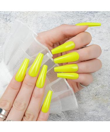 Jofay Fashion Fluorescent Yellow Long Coffin Press on Nails - 24pcs | Reusable Glossy False Nails with Glue for Women and Girls - Buy Online on GoSupps.com