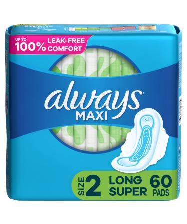 Always Maxi Feminine Pads For Women, Size 2 Long Super Absorbency, With Wings, Unscented, 60 Count Super, Wings