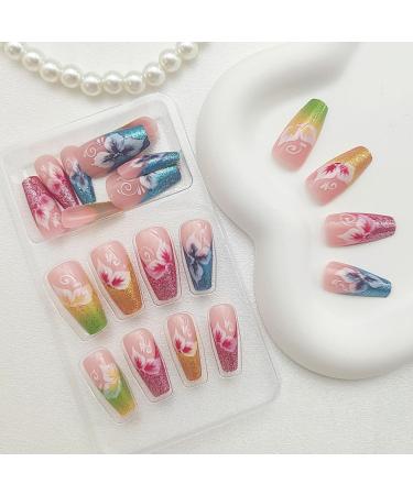 Shop Medium Coffin Press On Nails - Colorful Flower Designs Glossy Glitter Acrylic 24 Pcs Full Cover Nails for Women - International Shipping Available - Buy Online on GoSupps.com