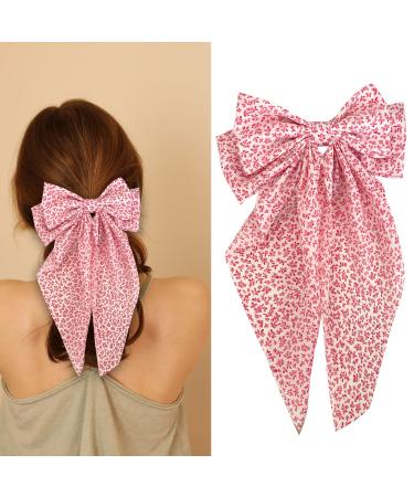 Bow Hair Clip Floral Hair Bows for Women Big Bowknot Hairpin French Hair Clips with Long Ribbon Hair Barrette Clips Chiffon Hair Bows for Women Girls(pink) pink-style 1