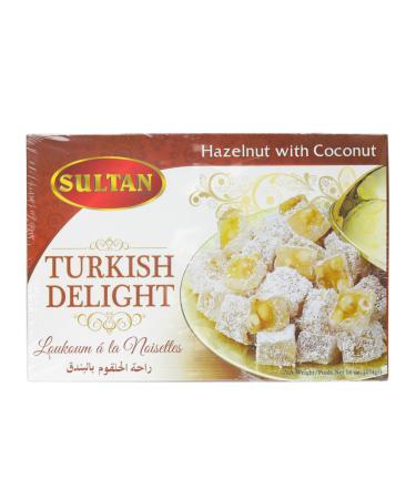 Sultan Turkish Delight - Hazelnut with Coconut, No Preservatives, No Additives, Low Fat Dessert, Giftable Candy Sweets 16oz Hazelnut Coconut