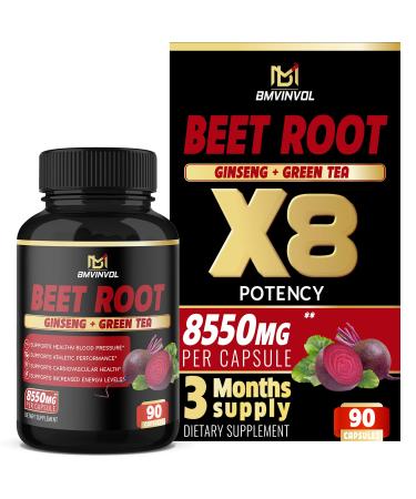 Beet Root Extract Capsules 8550mg - Green Tea, Red Spinach, Ginseng - Supports Athletic Performance, Digestive, Immune System - 3 Months Supply