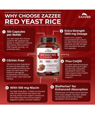 Zazzee Extra Strength Red Yeast Rice 10:1 Extract Capsules - 1200mg, Citrinin Free - 200 Vegan Capsules - Supports Cardiovascular Health - Buy Online on GoSupps.com