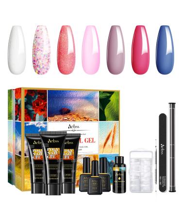 Poly Gel Nail Kit, Aubss 7 Colors Poly Nails Extension Gel Kit with 0.5Oz Glitter Pink Poly Gel, Poly Nail Gel Kit Builder with Slip Solution, Nail Dual Form for Beginner All-in-One DIY Kit at Home L010
