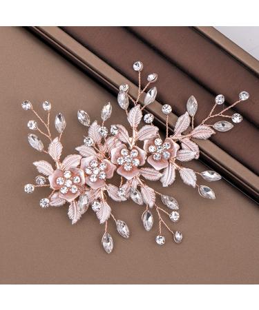 Wedding Hair Clip Hair Accessories for Women Handmade Flower Rhinestone Headpiece Hair Pins for Bridal Bridesmaid Girls (Rose Gold)
