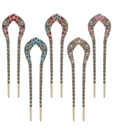 Lusofie 5 Pieces U Shaped Hairpins  Metal Vintage Hair Sticks French Hair Pin Hair Fork Crystal Rhinestone Hairpin for Long Hair Elegant Chignon Pins Hair Styling Accessories for Women Girls