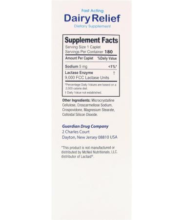 Guardian Dairy Relief Fast Acting Lactase 9000 FCC Caplets - 360 Count (Pack of 2) | Maximum Strength Lactose Intolerance Pills with Enzyme Supplement - Buy Online on GoSupps.com