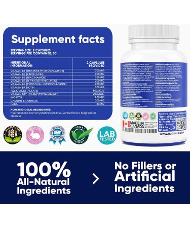 NEW B-COMPLEX 100 High Potency Capsules 9 Complete B Vitamins - B1 B2 B3 B5 B6 B7 B9 B10 B12 for Men and Women Reduced Stress Improved Immune Support Hair Skin Nail & Eye Health and Brain Function Gluten Free Non-GMO Vegan - (1 Pack) 60 Capsules 60 count  - Buy Online on GoSupps.com