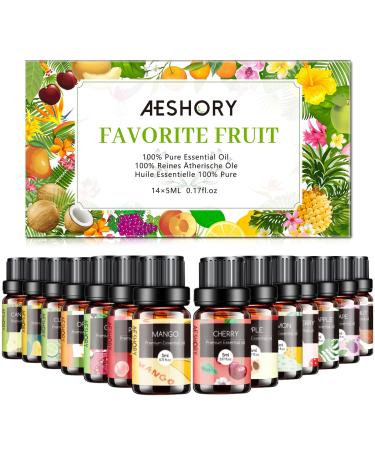 Fruity Essential Oils Set - 14x5ml Fragrance Oil for Diffusers, Candle Making Includes Strawberry, Apple, Pineapple, Cucumber Melon, Cherry, Mango, Lemon, and Orange Scented Aromatherapy Oils