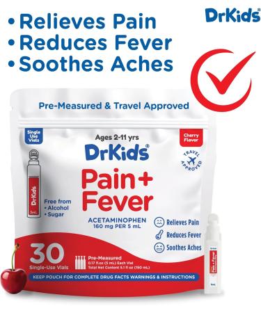 Dr. Kids Children s Pain and Fever Medicine - Acetaminophen for Kids Ages 2-11 Pre-Measured Single-Use Vials for Headache Sore Throat Cold and Flu Cherry Flavor 30 Count - Buy Online on GoSupps.com