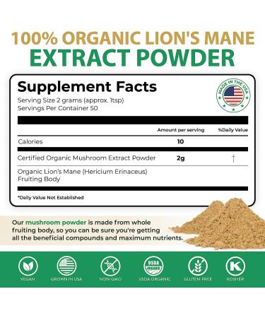 Organic Lions Mane Mushroom Powder - USA Grown Fruiting Body Extract | Nootropic Brain Supplement for Focus, Memory & Creativity | 3.5 oz (50 Servings) - Buy Online on GoSupps.com