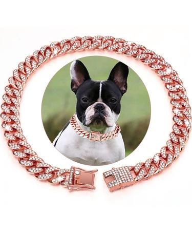 Rosegold Dog Chain Diamond Cuban Collars Walking Rosegold Metal Chain Collar with Design Secure Buckle Pet Cuban Crystal Jewelry Collar Necklace Accessories for Dogs Cats(Rosegold 10inch) 10inch Rosegold