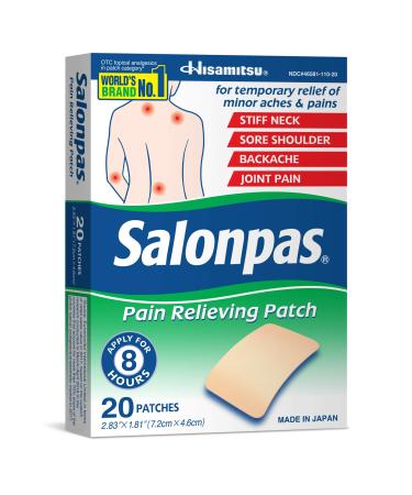 Salonpas Pain Relieving Patch 20 Count for Back Neck Shoulder Knee Pain and Muscle Soreness 8 Hour Pain Relief