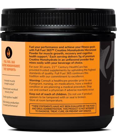 21st Century Full Fuel 365 Creatine Monohydrate 5 g 16 oz Unflavored Micronized Powder 90 Servings Vegetarian-Friendly Gluten-Free for Muscle Strength Recovery & Cognitive Health Support - Buy Online on GoSupps.com