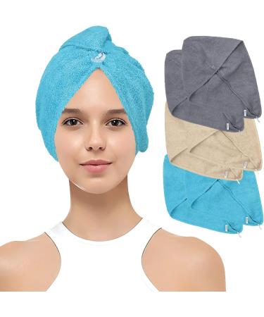 Emmy Home Hair Turban Set - 100% Cotton Quick-Drying Towel for Long Hair - 2 Piece Blue Turban with Button - Buy Online on GoSupps.com