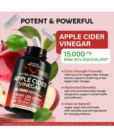Apple Cider Vinegar Capsules - 15000 mg of Raw Apple Cider Vinegar Equivalent - 100% Natural Pure ACV - Energy Metabolism & Weight Loss Support - Made in USA Lab Tested - 120 Capsules 60-Day Supply - Buy Online on GoSupps.com